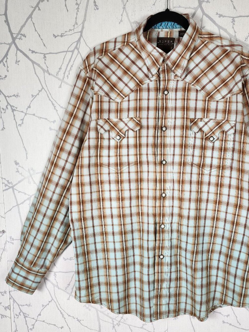 Roper Beige Plaid Dip Dye Cotton Diamond Pearl Snap Western Shirt